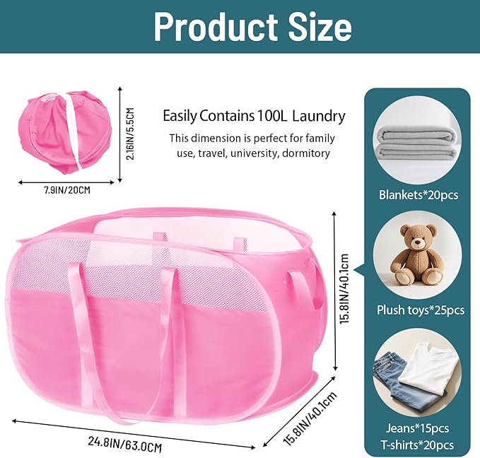 100L Collapsible Laundry Baskets, Tear Proof Pop Up Laundry Hamper with Dual Handles, Large Foldable Laundry Basket, Easy to Carry Laundry Hamper for Home, Laundry Room, Bedroom, Dorm, Travel Pink