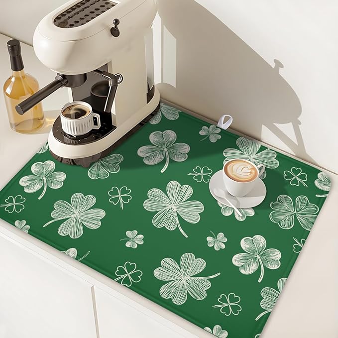 ABSOP St Patrick's Day Dish Drying Mat 18 x 24 Inch Green Shamrock Dish Drainer Rack Mat Absorbent Microfiber Mats for Spring Lucky Clovers Dish Pad for Kitchen Coffee Bar Decor