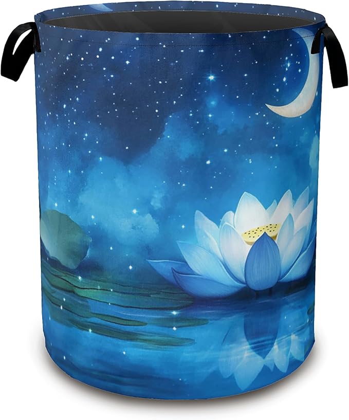 Waterlily Moon Laundry Hamper,Collapsible Laundry Baskets,Starry Night Dirty Clothes Baskets with Handles,Oxford Cloth Hamper for Bedroom,Bathroom,College Dorms, 16"x20"