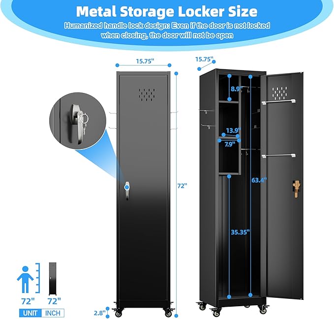 72" H Broom Closet Storage Cabinet, Metal Garage Storage Cabinet with Wheels, Pegboard, Locking Door and Hooks for Garage, Home, Utility Cleaning Cabinet for Broom and Mops, Black