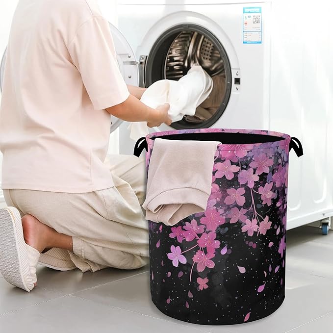 Cherry Blossoms Laundry Basket,Foldable with Handles Tote Bag Oxford Cloth for Bathroom Bedroom Dirty Clothes Storage Bucket 16" x 20.8"