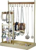 MyGift Brass Tone Metal & Acacia Wood Tabletop Jewelry Organizer – Necklace, Bracelet, Earring Holder with Ring Tray for Vanity or Dresser Display