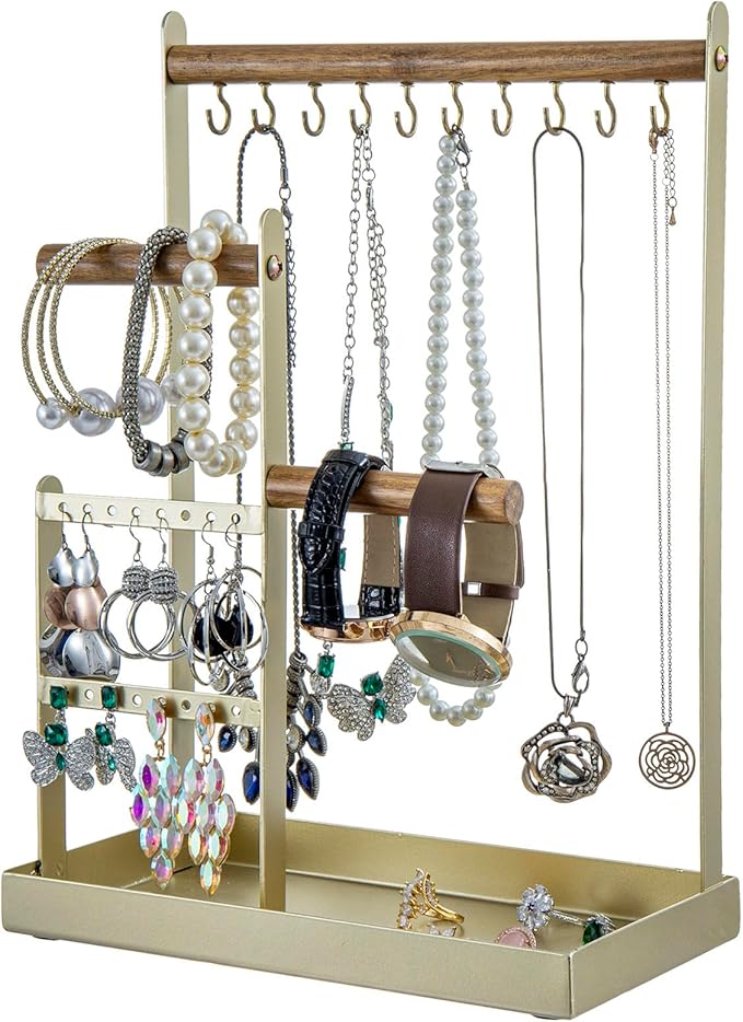 MyGift Brass Tone Metal & Acacia Wood Tabletop Jewelry Organizer – Necklace, Bracelet, Earring Holder with Ring Tray for Vanity or Dresser Display
