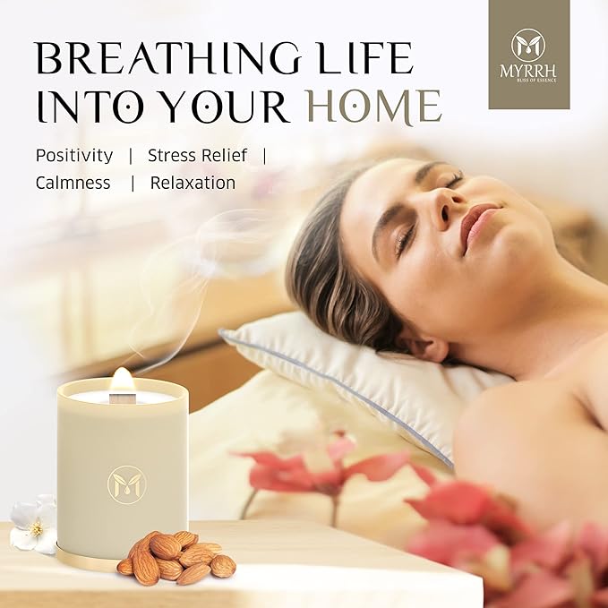 MyrrhUSA Vanilla Almond Scented Candle – 15 oz Natural Soy Wax with Crackling Wooden Wick & Essential Oil | 80 Hour Burn | Luxury Aromatherapy Candle for Relaxation, Home Décor, Living Room & Bathroom