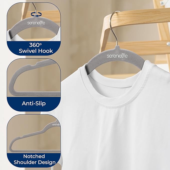 SereneLife 50 Pack Velvet Hangers - Non-Slip, 360° Swivel Hook - Ultra-Thin, Lightweight Velvet Hangers for Shirts, Sweaters, Hoodies, Kids Clothes & Dresses - Space-Saving