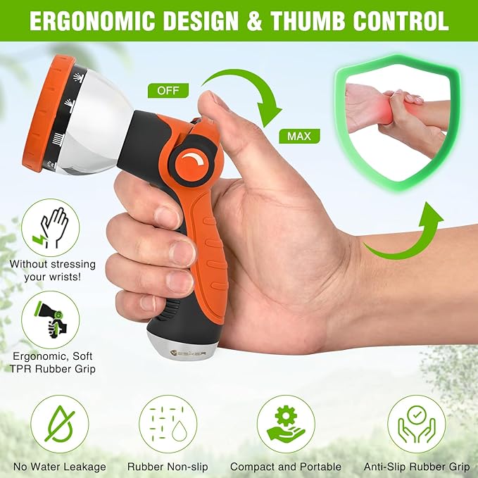Yesker Garden Hose Nozzle Water Hose Sprayer Nozzle Adjustable 10 Spray Patterns Heavy Duty Metal Nozzles Thumb Control w Non-Slip Grip for Outdoor Watering Plants Lawn Washing Car Pets Black & Orange