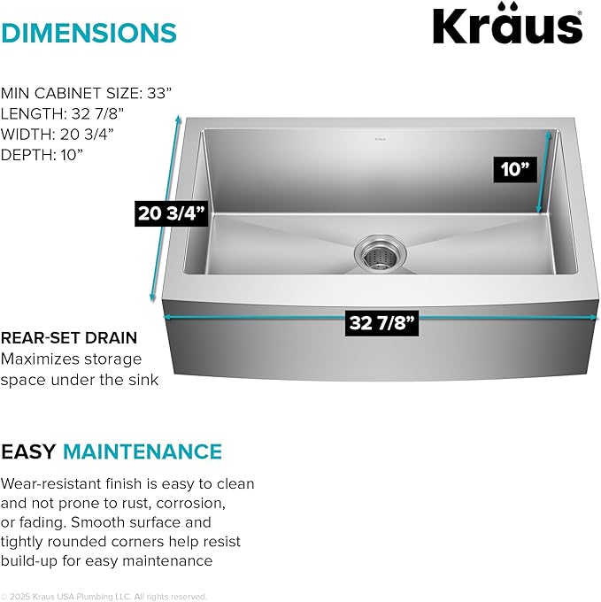 Kraus KHF200-33 Standart PRO Stainless Steel Sink 33 inch Farmhouse Apron Single Bowl 16 gauge