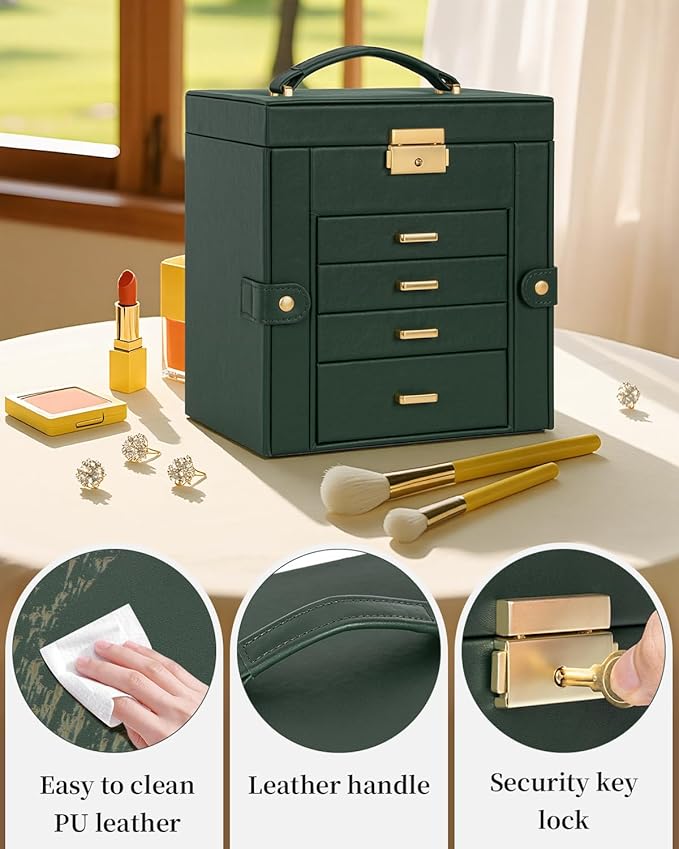 TORIBIO Jewelry Box for Women, Leather Jewelry Organizer with Mirror & Lock, 5-Tier Jewelry Storage Organizer with 4 Drawers for Girls/Women/Mothers, Necklace Earring Bracelets Holder Organizer