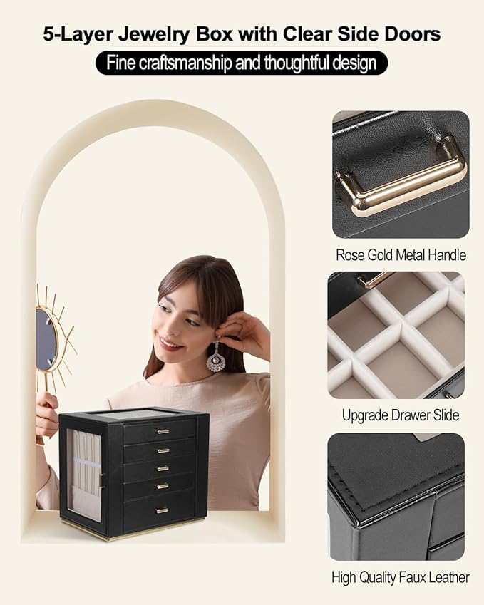 Large Jewelry Box Organizer with Glass Lid, Functional PU Leather 5-Layer Jewelry Storage Case for Women Girls Ring Necklace Earring Bracelet Jewelry Holder Organizer 5 Drawers (Black)