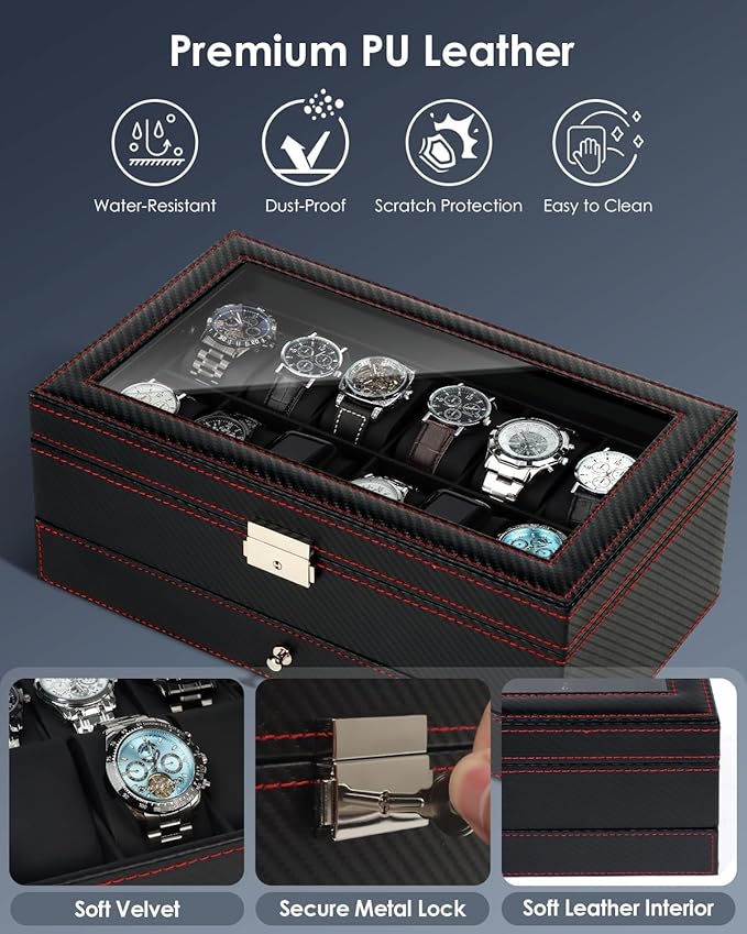 Kukikan Watch Box Jewelry Organizer, 12-Slot 2-Layer Watch Case Storage with Large Glass Lid, Watch Storage Case for Men with Lock, Watch Holder Display Case, Gift for Men Women
