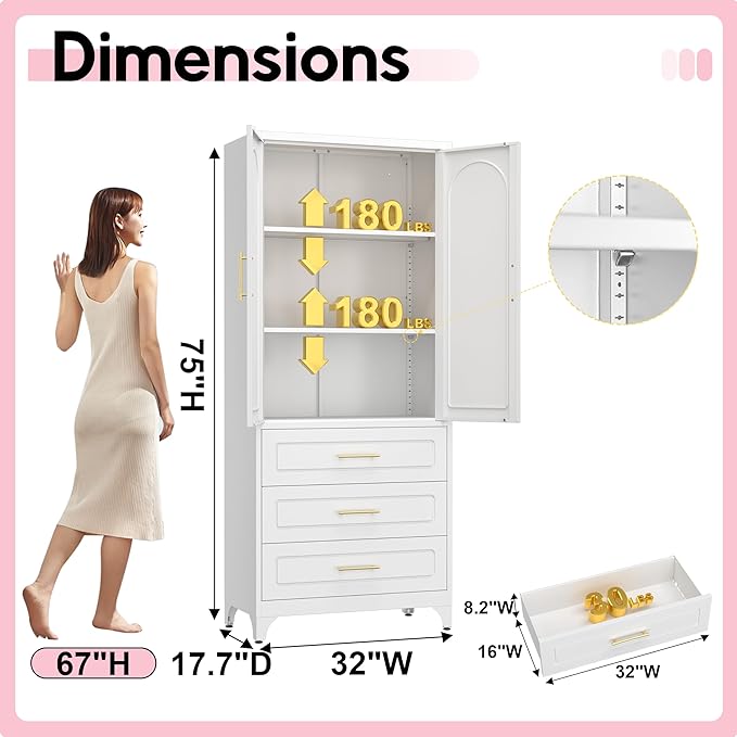 Pantry Kitchen Cabinet with Drawer, 75" Tall Pantry Storage Cabinet, Metal Storage Cabinets with Doors and Shelves, Large Freestanding Cupboard for Dining Room, Assembly Required, White