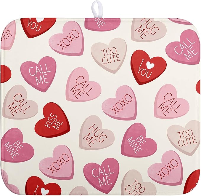 Wnoesat Valentine Love Heart Dish Drying Mat for Kitchen Counter 18x24 Inch Valentines Day Dish Mats Absorbent Microfiber Dish Draining Mat Reversible Dish Drying Rack Mat with Hanging Loop
