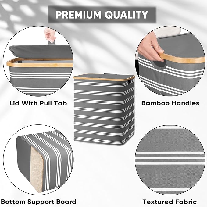 BALEINE Laundry Hamper with Lid, Tall Laundry Baskets with Bamboo Pull Handles, Large Laundry Bin with Internal Support (36 Gal/140L, Grey Pinstripe)