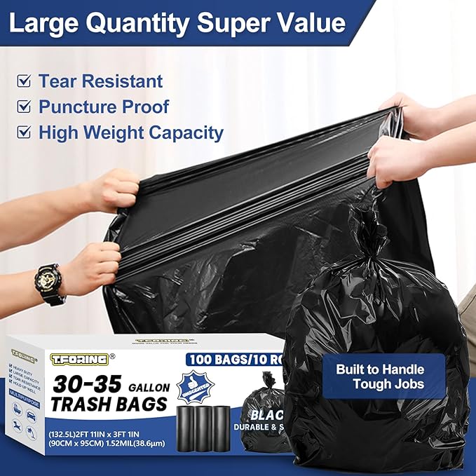 T.FORING 30-35 Gallon Trash Bags Heavy Duty 1.5 Mil - 35" x 37" 100 Count Large Black Garbage Bags 30+ Gallon Strong Plastic Trash Can Liners for Home Kitchen Commercial Lawn and Leaf
