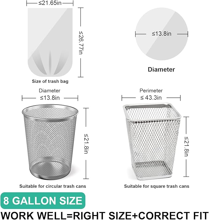 T.FORING 120 Count 8 Gallon Trash Bags Unscented - Thick Clear Medium Garbage bags, 30 Liter Strong Plastic Wastebasket Can Liners for Kitchen Home Bathroom Office