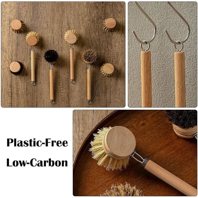 SUPRNN Bamboo Dish Brush with Handle, 1 Sturdy Wooden Handle with 3 Natural Bristle Heads, Horsehair, Sisal, Palm - All Purpose Kitchen Scrubber, Bamboo Wok Brush, Fruit and Veggie Scrubber