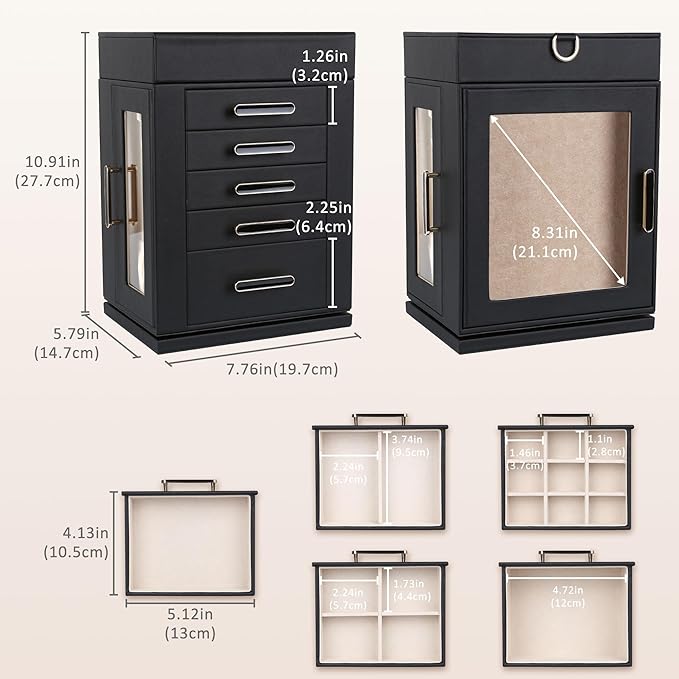 Kendal 360° Rotating Jewelry Box - Black PU Leather Jewelry Organizer with Shadow Box & Pinboard, Detachable Top Tray, Drawers & Push Pins for Personalized Accessory Display & Storage