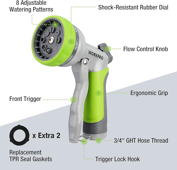 WORKPRO Garden Hose Nozzle - 100% Heavy Duty Metal Water Hose Spray with 8 Adjustable Spray Patterns, Hand Sprayer with Thumb Control for Car Washing, Plants Watering, Pets Showering, Outdoor Fun