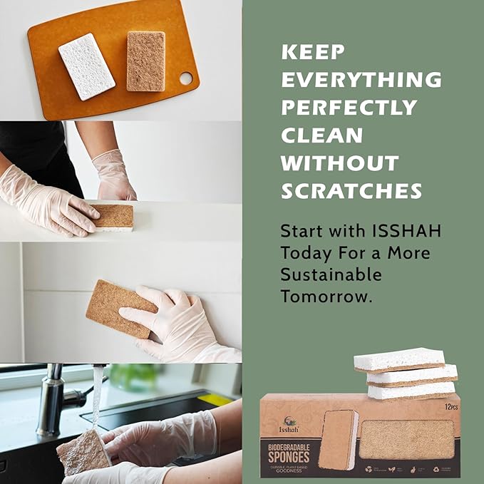 Isshah Plant-Based Kitchen Sponges - FSC Certified and PETA Approved, Natural, Eco-Friendly, Biodegradable Sisal Hemp Sponges for Dishes, Cleaning Sponge for Kitchen, Bathroom, Household - 12 Count