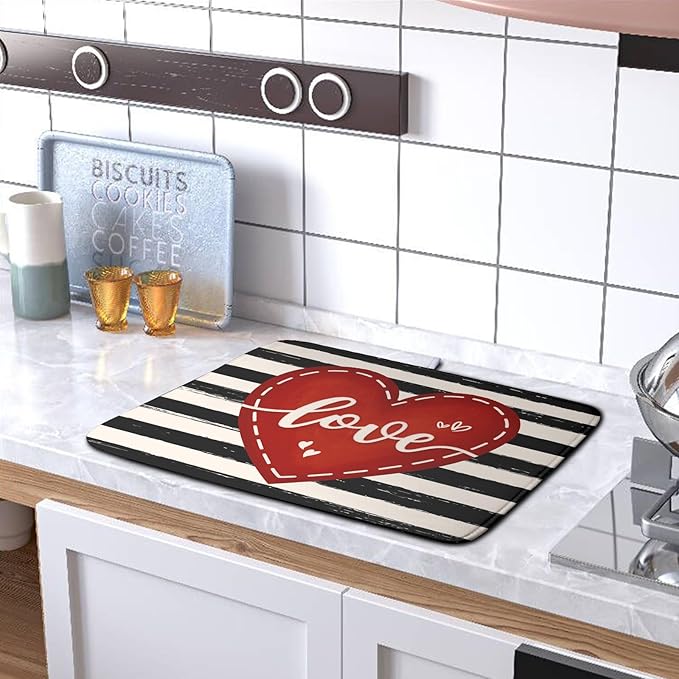 Kwlegh Valentine's Day Dish Drying Mat for Kitchen Counter 18x24 Black White Stripes Red Love Heart Dishes Drainer Mats Absorbent Dish Pad Large Dish Draining Mat for Coffee Bar
