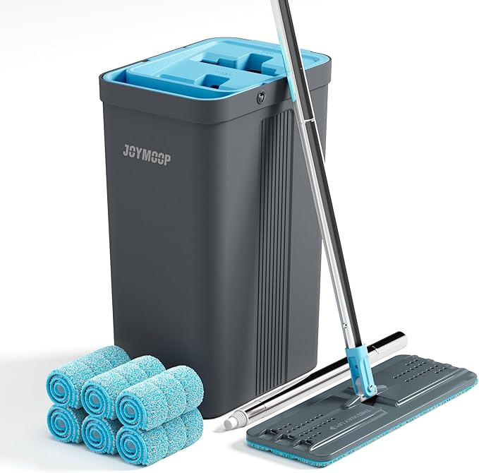 JOYMOOP Mop and Bucket Set with Wringer, Mops for Floor Cleaning, Wall Mop Cleaner with Long Handle, with 6 Reusable Microfiber Mop Pads - Grey+Cyan Blue