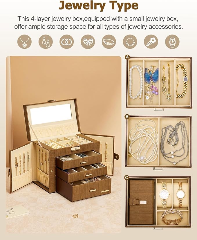 Homde 2 IN 1 Jewelry Box for Women Girls with Small Travel Case Mirror Necklace Ring Earrings Organizer (Brown + Gold)