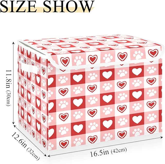 Bolaz Red Checkboard Dog Footprint Hearts Pattern Storage Bins with Lids and Handles, Foldable Storage Box Storage Basket with Cover Collapsible Organizer Containers for Home Closet, Shelves