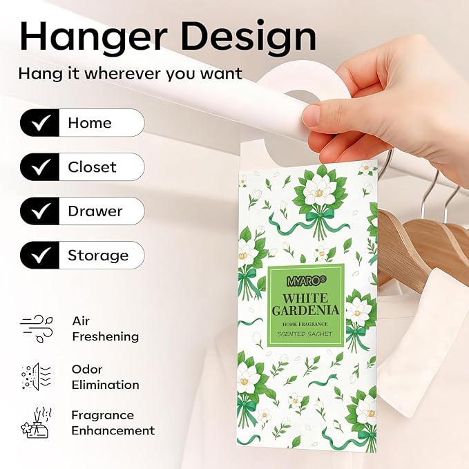 MYARO Large Hanging Sachets Scented for Home 12 Pcs Potpourri Bags Long Lasting Air Freshener for Closet Drawer Car House (White Gardenia)
