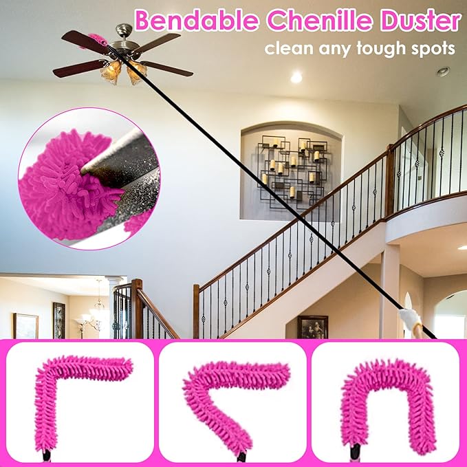 CALBEAU 15 Foot Dusters for Cleaning, Duster with Extension Pole 7-15ft, Microfiber Feather Duster Used for Cleaning Ceiling Fan, High Window, Blinds, Shutters, Sofa, Cobweb Duster for Home (12 PCS)