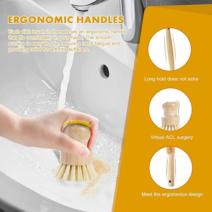 DEBETOOL 6 Piece Bamboo Dish Brush Set with Coconut Sponge - Wooden Dish Brush with Sisal and Palm Fiber, Natural Bamboo Dish Scrub Brush for Kitchen Cleaning Dishes, Pots, Pans, Bottles, Vegetables