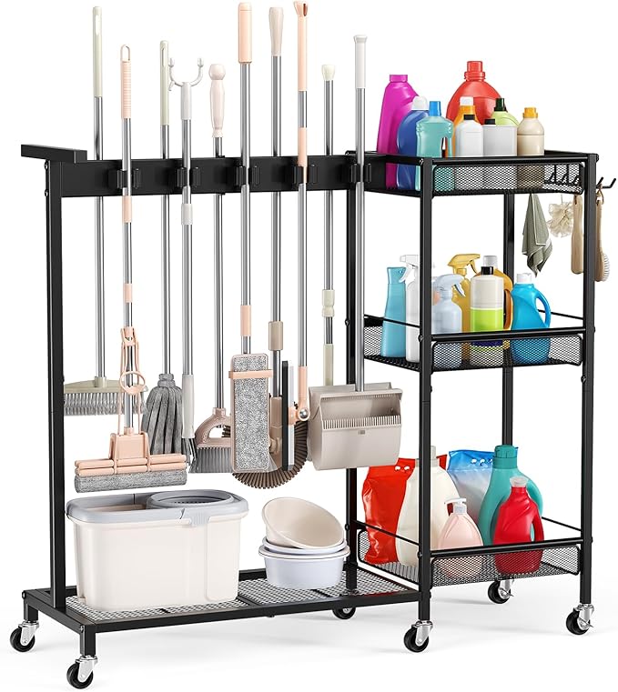 Broom Holder with Cleaning Supplies Organizer, Cleaning Utility Cart on Wheels, 10 Clips & 7 Hooks, 3-Tier Shelves, Broom Closet Storage Cabinet with Cleaning Caddy for Home Commercial Use