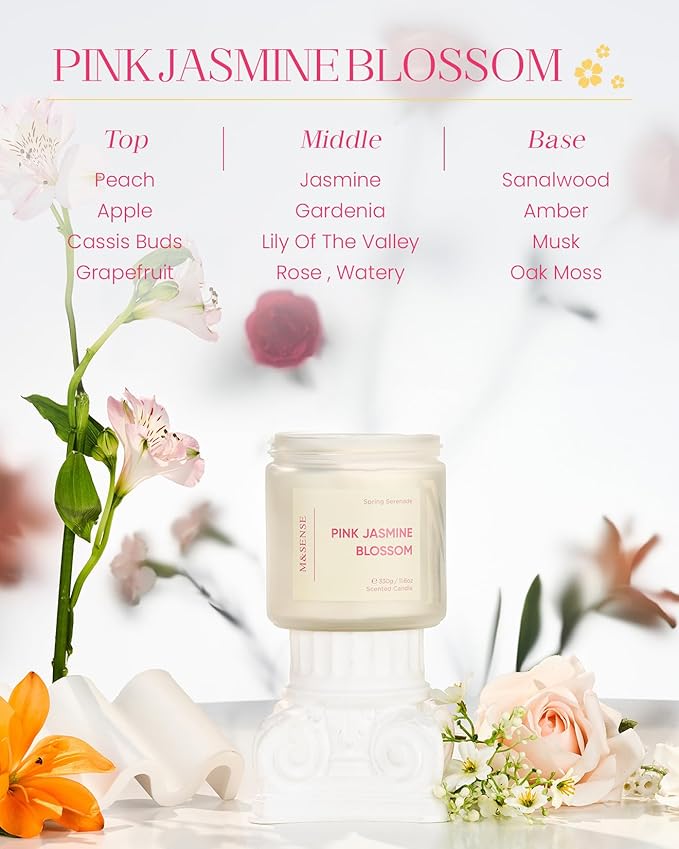 M&SENSE Pink Jasmine Rose Scented Candle - 11.6oz Natural Soy Wax 70-Hour Long Lasting Burn Time, 2-Wick Spring Non-Toxic Romantic Candle for Home Decor Flower Scent Gifts for Her Him