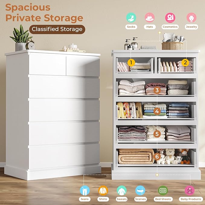 DICTAC White Tall Dresser for Bedroom with 6 Drawers, 43.9" Tall Dressers & Chests of Drawers, Modern Wood Closet Organizer and Storage Cabinet, Large Vertical Dresser for Bedroom, Closet, Hallway