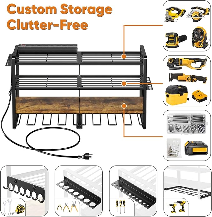 POKIPO Large Power Tool Organizer with 8 Outlet Charging Station, Loads 600lbs, 4 Layer Heavy Duty Utility Rack Holds 8 Cordless Drills, Wall Mount Tool Battery Garage Storage Shelf, Gift for Men