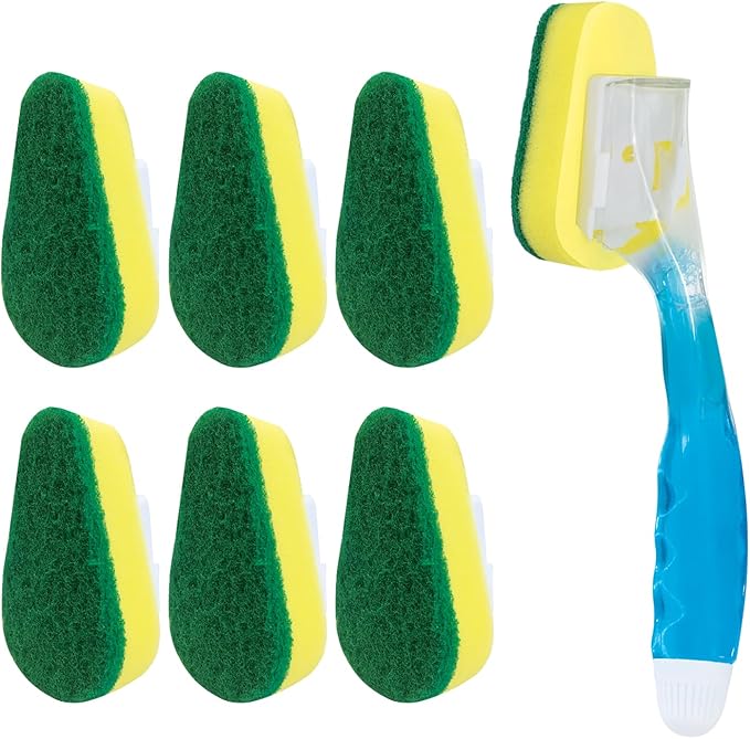 LOLA Dish Brush w/Soap Dispenser Wand, 1 Brush w/Head & 6 Refills, Absorbent Sponge Scrubber, No Leaking. Clean Dishes, Sinks and Cookware