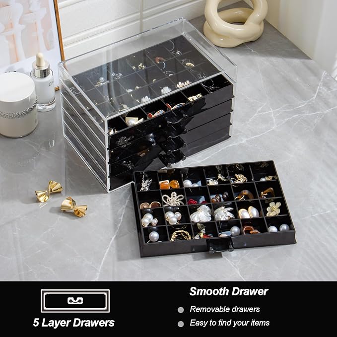 Earring Storage Box Organizer 3 Drawers Acrylic Jewelry Storage Box Holder Transparent Jewelry Display Stand with 72 Small Compartments Gift for Women Girls (Black)