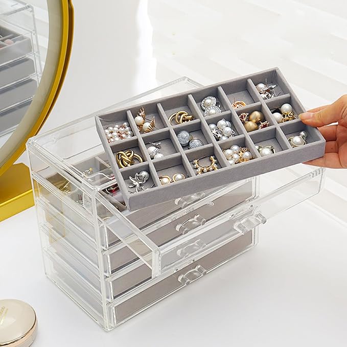 SPAKOWN Earring Organizer, Acrylic Jewelry Box with 5 Drawers, Clear Velvet Earring Storage Display Case with 90 Compartments for Women Girls (Grey)