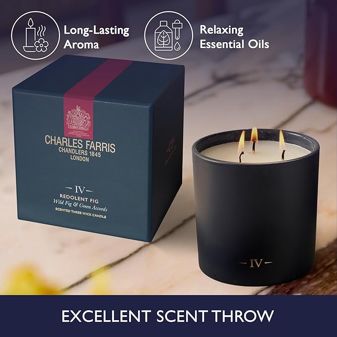 Charles Farris Luxury Scented Candle – 3 Wick, Hand-Poured, Long Lasting, Clean Burning, 640g / 22.5oz, Up to 80 Hours of Burn Time, Made in England – Wild Fig & Green Accords – Redolent Fig