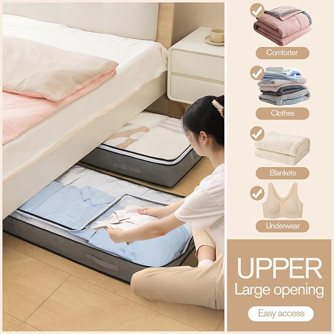 Fasolara 90L Under Bed Storage Containers, Closet Organizers and Storage Bins, Foldable Underbed Storage Bags for Blanket, Clothing, Comforter, Sweaters, Pillows, Linen Sheets, Wrapping Paper, black