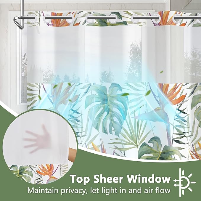 TQUQOBU Tropical Leaves Shower Curtains for Bathroom, Waterproof Double Layers Fabric No Hook Shower Curtain with Liner, Green Palm Monstera Leaf Botanical Jungle Decor Bath Curtains, 71x74 Inch