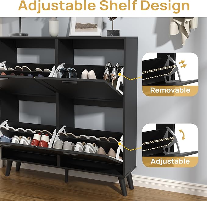 Black Large Shoe Cabinet fit up to Shoe Size 16, Freestanding Shoe Organizer with 4 Flip Drawers, Narrow Wooden Shoe Rack for Entryway, Closet, Living Room