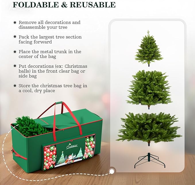 UIRWAY Christmas Tree Storage Bag- Fit for 9ft Artificial Trees, 600D Oxford Christmas Tree Bag with Transparent Pouch & Side Pocket, Extra Large Tree Bags with Sturdy Handles & Dual Zipper, Green