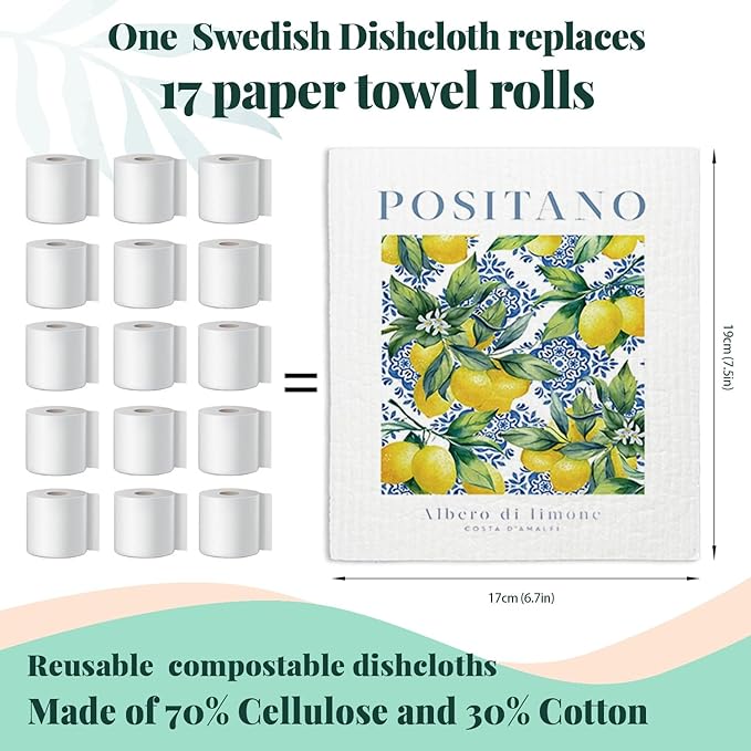 LARTSFRO Swedish Dishcloths for Kitchen, Papaya Reusable Paper Towels Washable, Vintage Floral Summer Lemon Swedish DishCloths for Friut, 4 Pcs Dish Towels for Kitchen, No Odor Cleaning Cloths