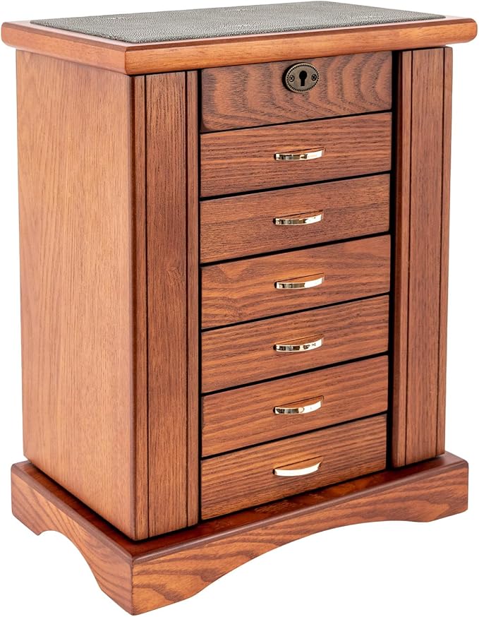 Retro Jewelry Box 7-Tier Large Jewelry Organizer with 6 Drawers and 2 Side Doors Women Girls Storage Case for Necklace Rings Earrings Accessories, with Mirror and Lock,11.1x6.9x14.2in,MDF (Brown)