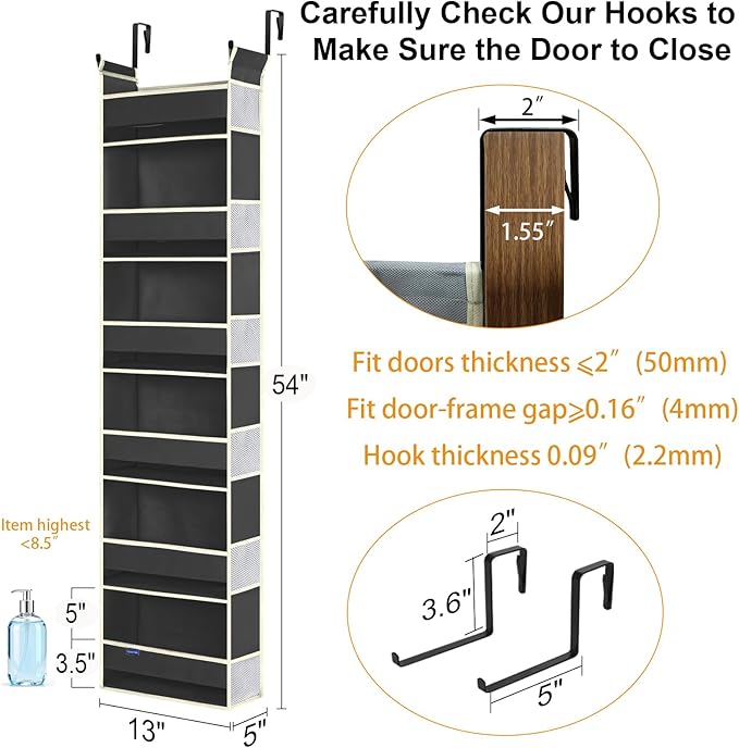 roomtalk 2 Pack Over The Door Hanging Organizer - 6 Shelves & 12 Side Pockets, Over The Door Storage for Baby Accessories & Children's Toys (13"x5"x54", Black)