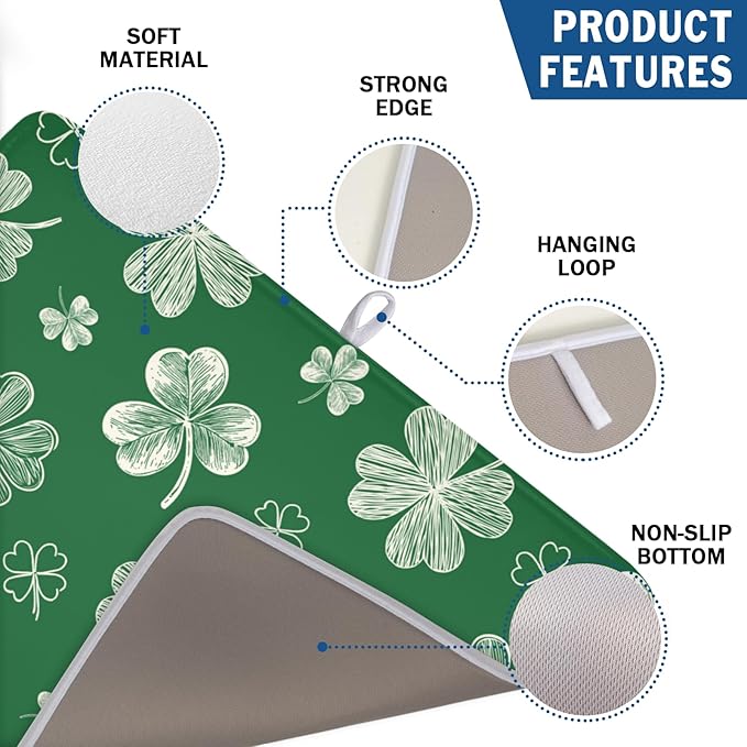 ABSOP St Patrick's Day Dish Drying Mat 18 x 24 Inch Green Shamrock Dish Drainer Rack Mat Absorbent Microfiber Mats for Spring Lucky Clovers Dish Pad for Kitchen Coffee Bar Decor