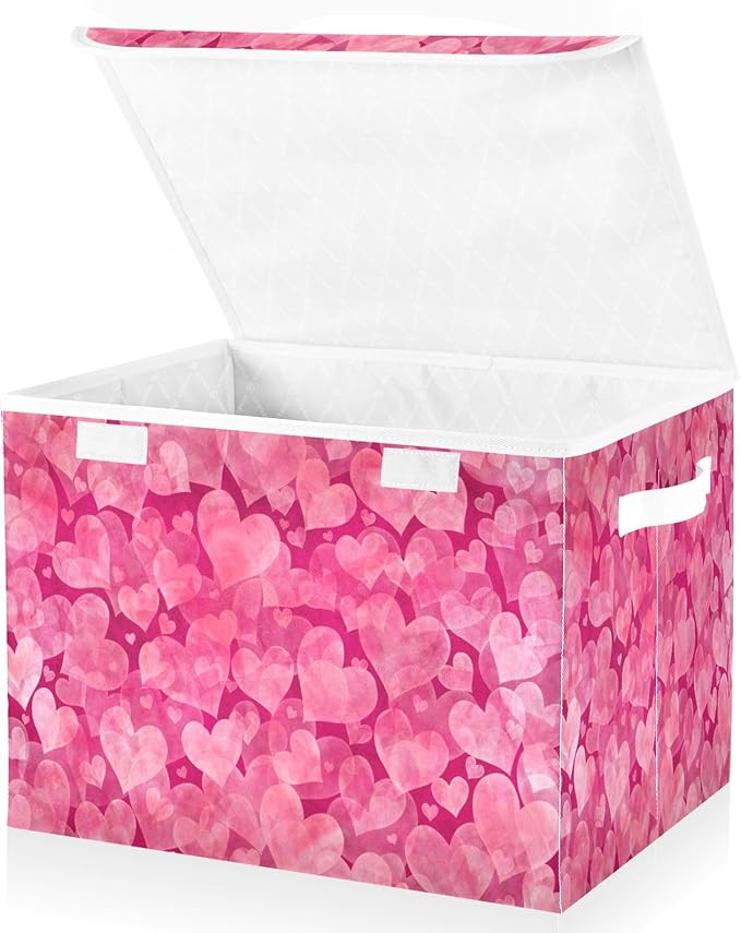 Bolaz Storage Bins with Lids and Handles,Valentines Day Pink Hearts Storage Box Storage Basket with Cover Collapsible Organizer Containers for Home Closet, Shelves