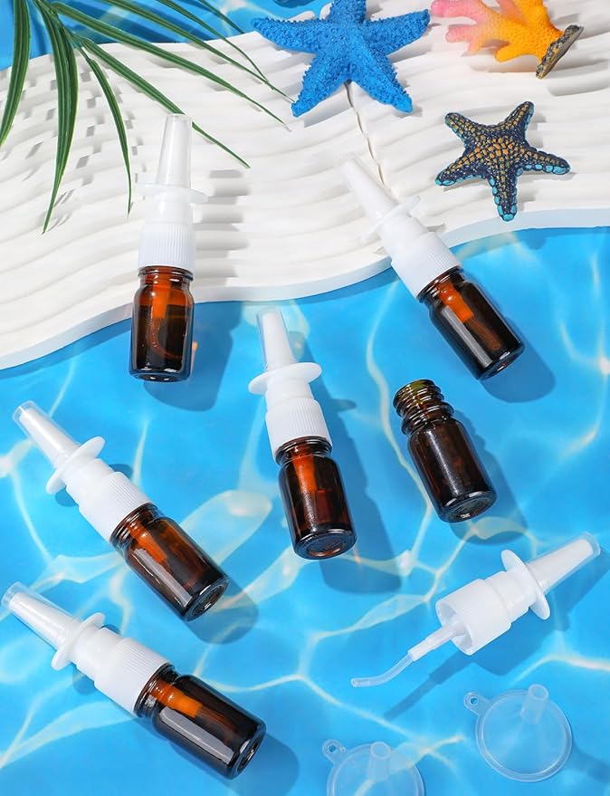 ZHWKMYP 10 Pcs Nasal Spray Bottle, 5ML/0.17OZ 6 Pcs Brown Fine Mist Glass Empty Refillable Nasal Spray Bottle with 2 Funnels and 2 Labels