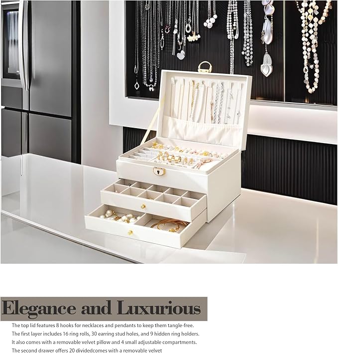 3 Layer Jewelry Organizer Box with Drawers, Lockable PU Leather Jewelry Storage Case for Necklace Earring Ring Bracelet Watch, White