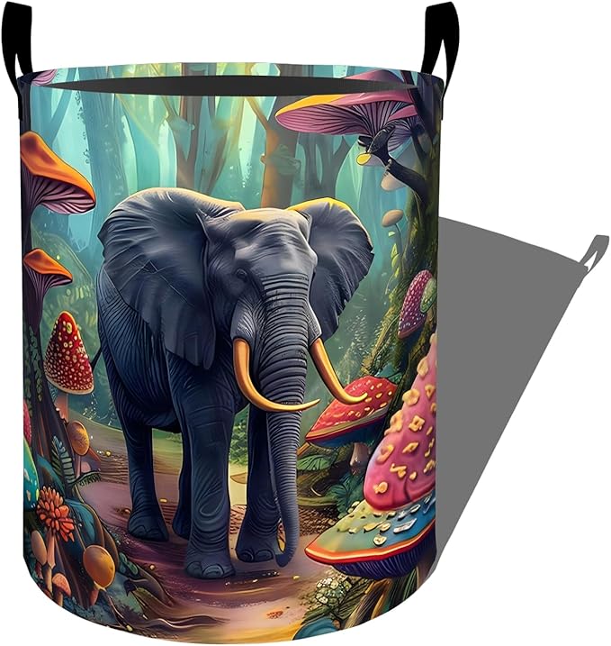 Mystical Elephant Laundry Basket with Handles, 19.7"x15.7" Clothes Foldable Enchanted Mushroom Forest Laundry Hamper Organizer for Dorm Nursery Bedroom Bathroom Decor, Toy Storage Bin for Kids